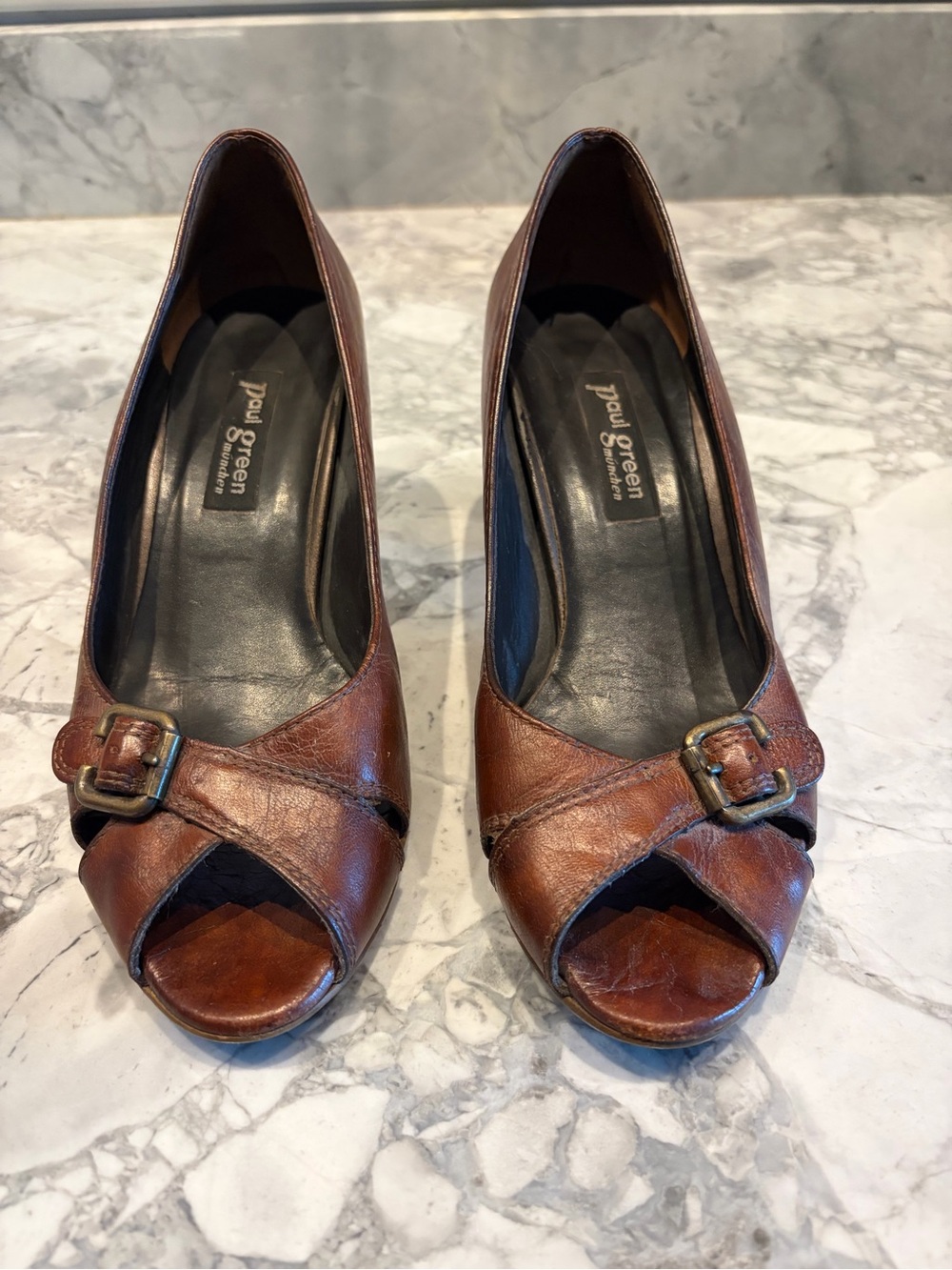 Paul Green Brown Leather Peep-Toe Heels with Buckle Detail. Vintage.